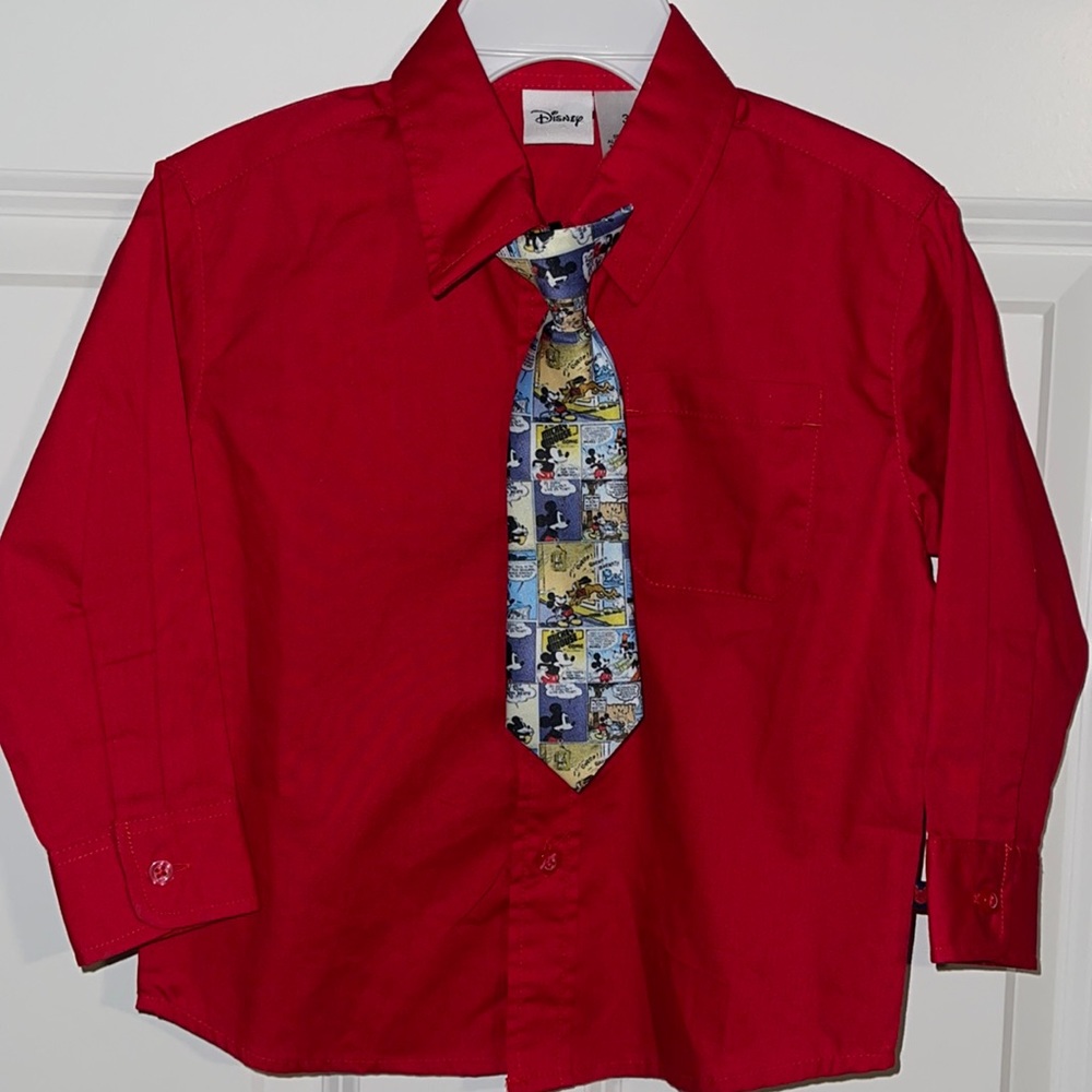 Boys Red Disney Button Down with Pocket and Clip On Disney Tie NWOT